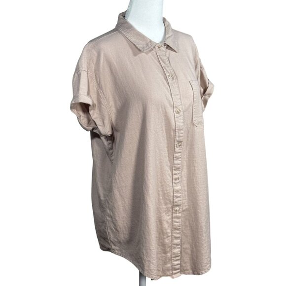 Falls Creek Size M Women Linen-Blend Shirt Beige Short-Sleeve Button-Up - Picture 2 of 10